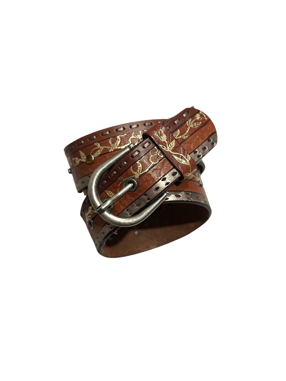 Vintage Fossil Ornate Jeweled Embroidered Brown Leather Belt y2k Medium